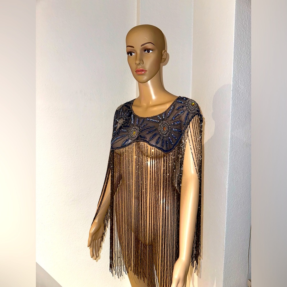 Beaded cape shawl with fringe